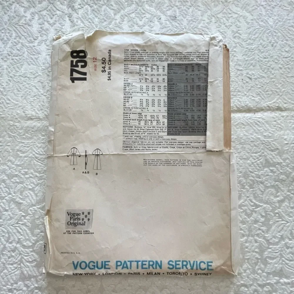 UNCUT 1978 Emanuel UNGARO VOGUE Paris Original 1758 Shirtdress Pattern Sz12 VTGE